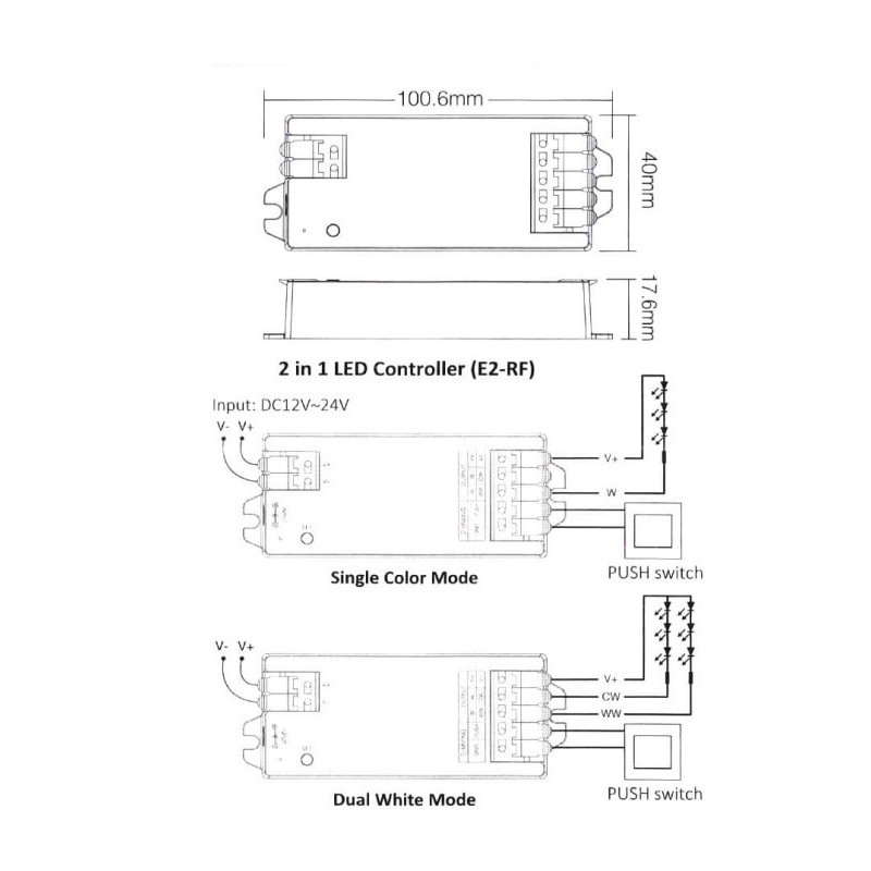 Controlador LED 2 en 1 monocolor + CCT - 2,4 GHz Dimming push + RF