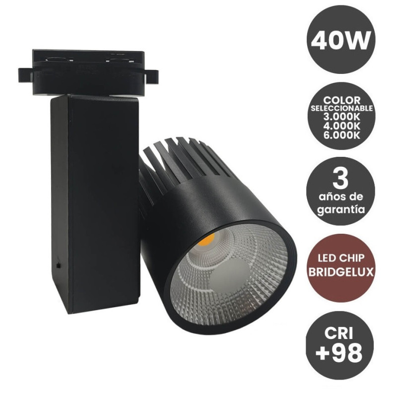Foco LED 40W Negro para Carril Monofásico BRIDGELUX Chip 100º CRI +90
