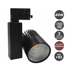 Foco LED 40W Negro Color Seleccionable CCT para Carril Trifásico BRIDGELUX Chip 40º CRI +92