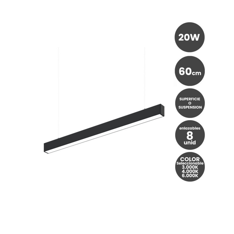 Lámpara lineal Colgante o Superficie LED 20W Interconexión lineal Color Seleccionable 60cm