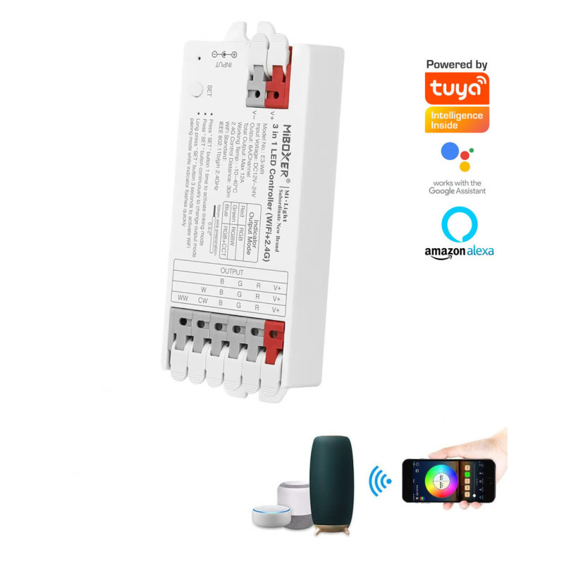 Controlador LED 12V-24V 3 en 1 RGB + RGBW + RGBCCT Smart Wifi (2,4 GHz) Salida máx. 12A/canal