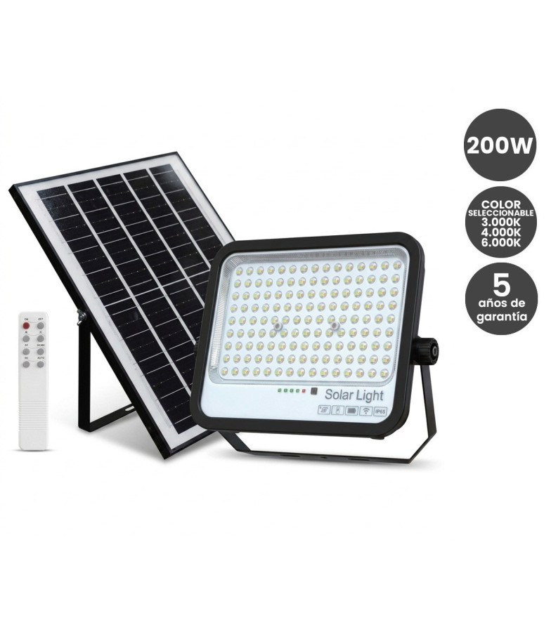 Foco Proyector LED Solar 200W Color Seleccionable Control Remoto IP65