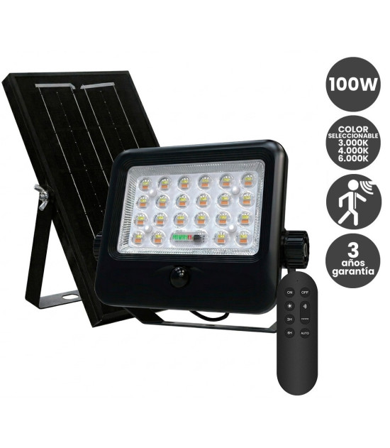 Foco Proyector LED Solar 100W Color Seleccionable Sensor PIR + Control Remoto IP65