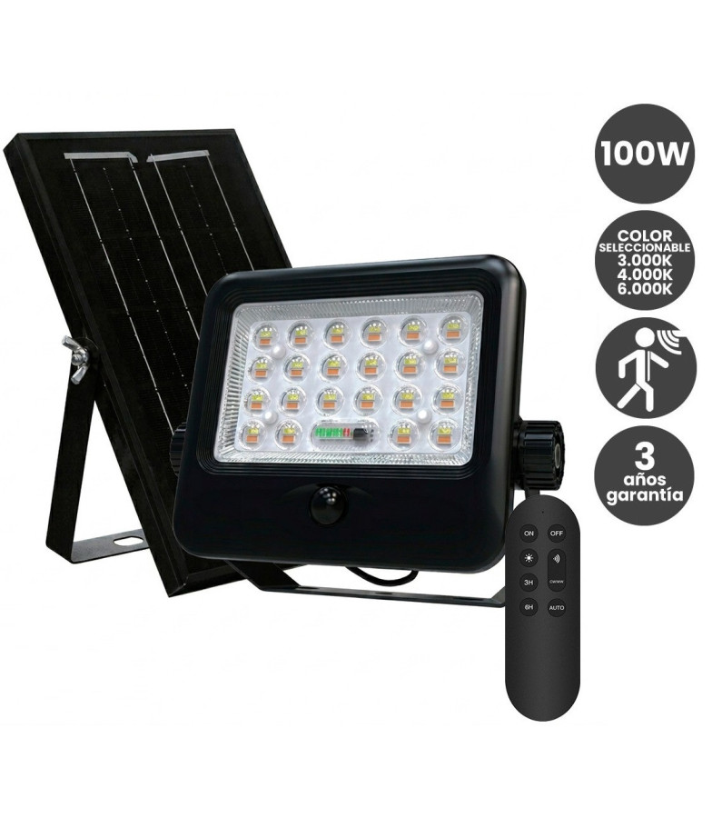 Foco Proyector LED Solar 100W Color Seleccionable Sensor PIR + Control Remoto IP65