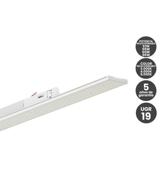 Lineal Led para Carril Trifásico 150cm 51W a 66W Color Seleccionable UGR19  90°