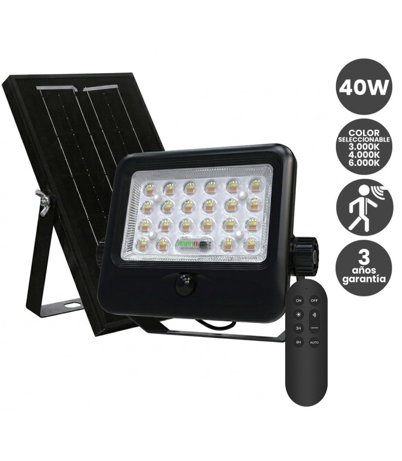 Foco Proyector LED Solar 40W 1200Lm 3CCT Sensor PIR + Control Remoto IP65