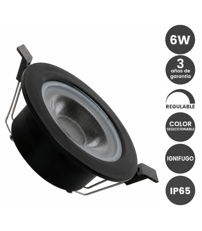 Foco Empotrable LED 6W Ignífugo Regulable TRIAC 3CCT IP65 36° Negro