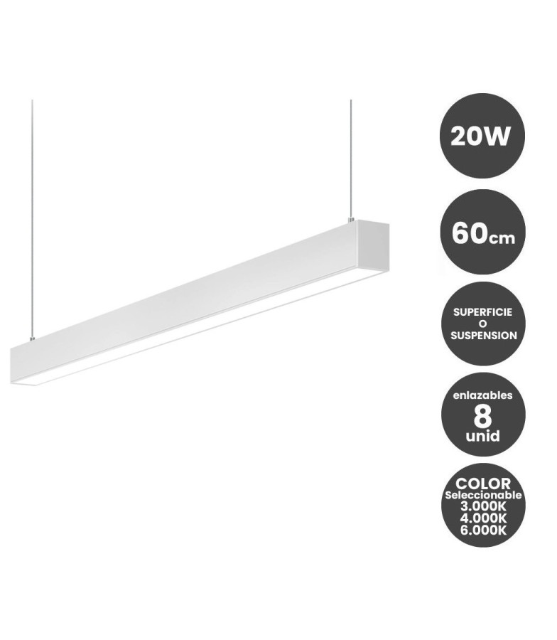 Lámpara lineal Colgante o Superficie LED 20W Interconexión lineal Color Seleccionable 60cm Blanco