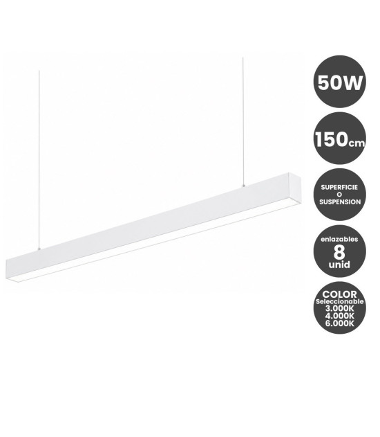Lámpara lineal Colgante o Superficie LED 50W Interconexión lineal Color Seleccionable 150cm Blanco