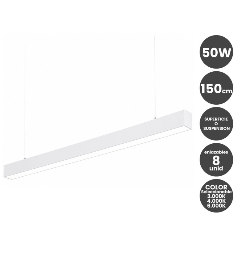 Lámpara lineal Colgante o Superficie LED 50W Interconexión lineal Color Seleccionable 150cm Blanco
