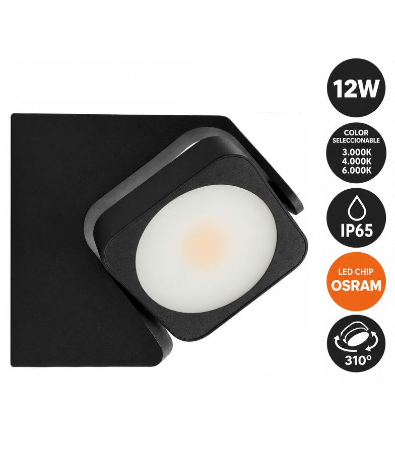 Aplique de Pared LED Orientable  12W Cuadrado 3CCT  IP65 Chip OSRAM