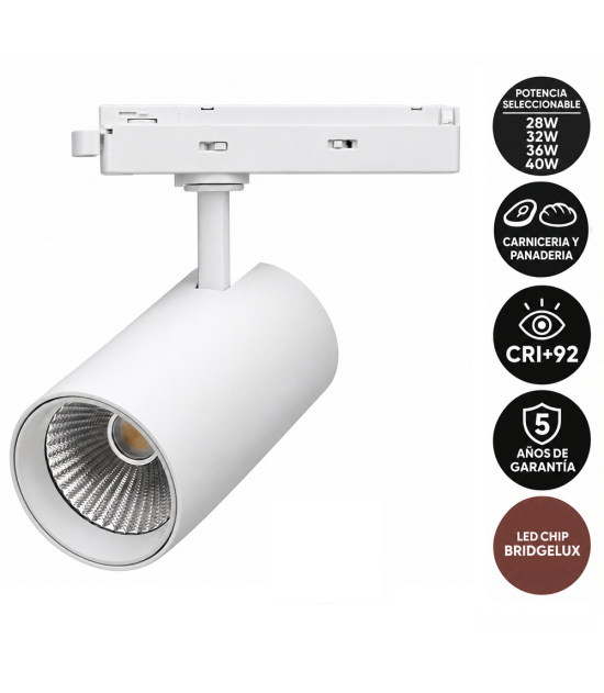 Foco LED Carril Monofásico Especial Panadería y Carnicería 40W-28W CRI92 Bridgelux No Flicker Blanco