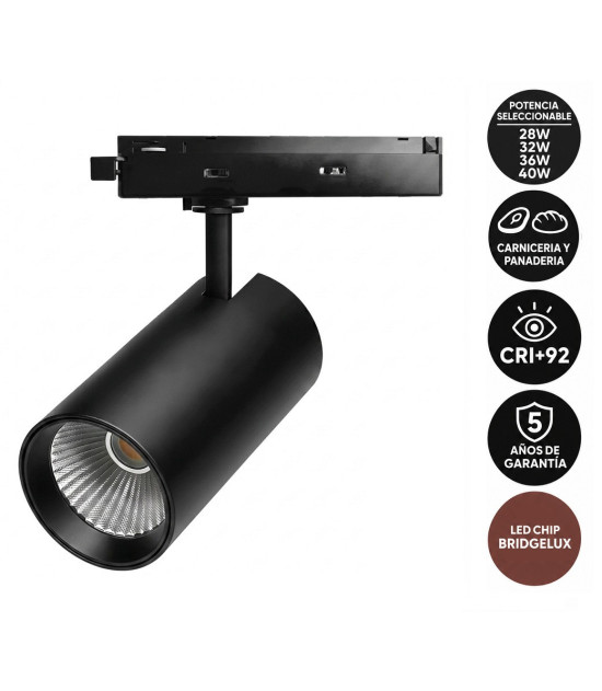 Foco LED Carril Monofásico Especial Panadería y Carnicería 40W-28W CRI+92 Bridgelux No Flicker Negro