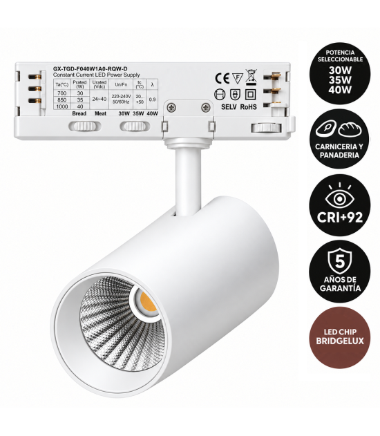 Foco LED Carril Trifásico Especial Panadería o Carnicería 40W-30W CRI+92 Bridgelux No Flicker Blanco