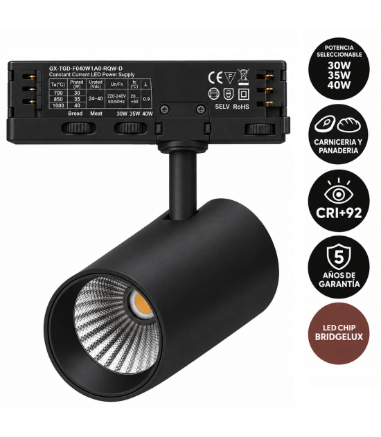 Foco LED Carril Trifásico Especial Panadería o Carnicería 40W-30W CRI+92 Bridgelux No Flicker Negro