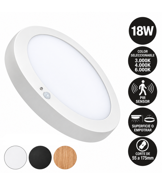 Plafón o Downlight LED Circular 18W Color Seleccionable Sensor PIR