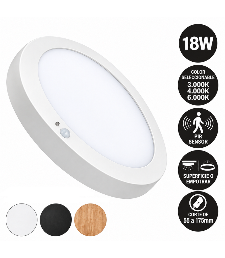 Plafón o Downlight LED Circular 18W Color Seleccionable Sensor PIR