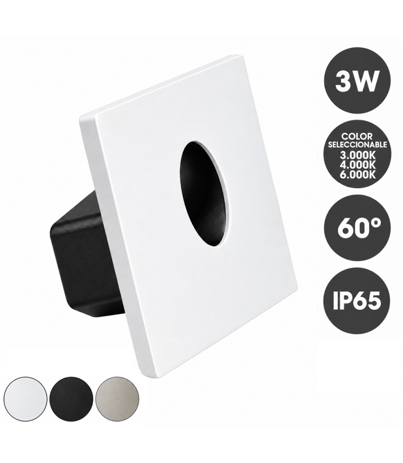 Baliza Empotrable LED 3W 3CCT IP65 60° Cuadrado para Interior y Exterior