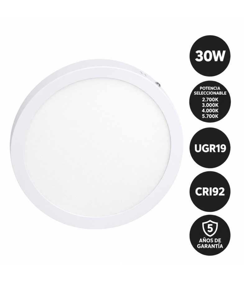 Plafón LED Superficie Circular 30W 4CCT UGR19 CRI92