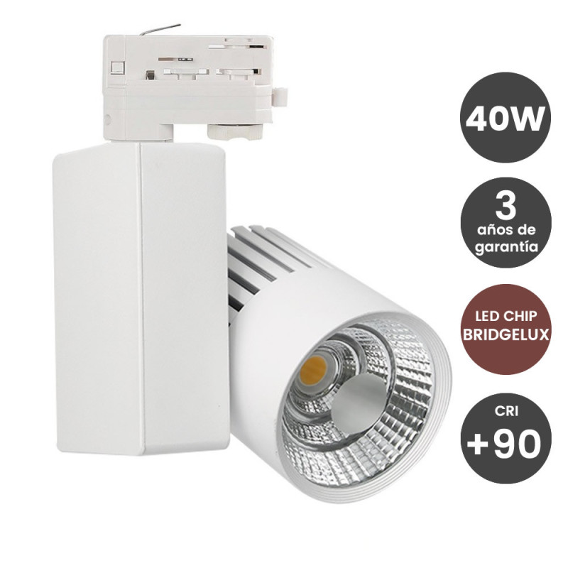 Foco LED 40W Blanco para Carril Monofásico BRIDGELUX Chip 100º CRI +90- 3 Años de garantía