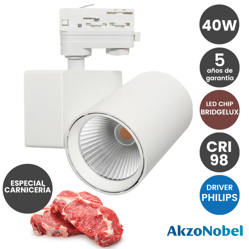 Foco LED 40W PHILIPS Driver Chip Bridgelux Blanco para Carril Trifasico Especial Carniceria