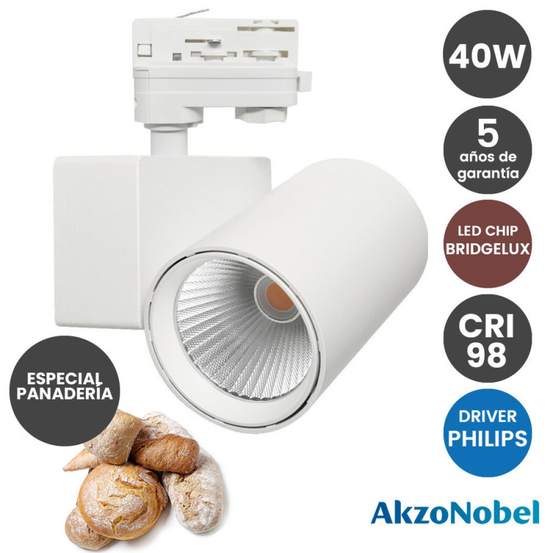 Foco LED 40W PHILIPS Driver Chip Bridgelux Blanco para Carril Trifasico Especial Panadería