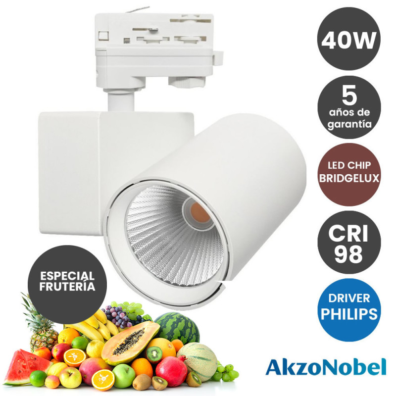 Foco LED 40W PHILIPS Driver Chip Bridgelux Blanco para Carril Trifasico Especial Frutería