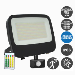 Foco Proyector 100W-70W-50W Con Sensor Crespuscular + Movimiento + Mando Potencia y Color seleccionable Chip Lumileds IP66