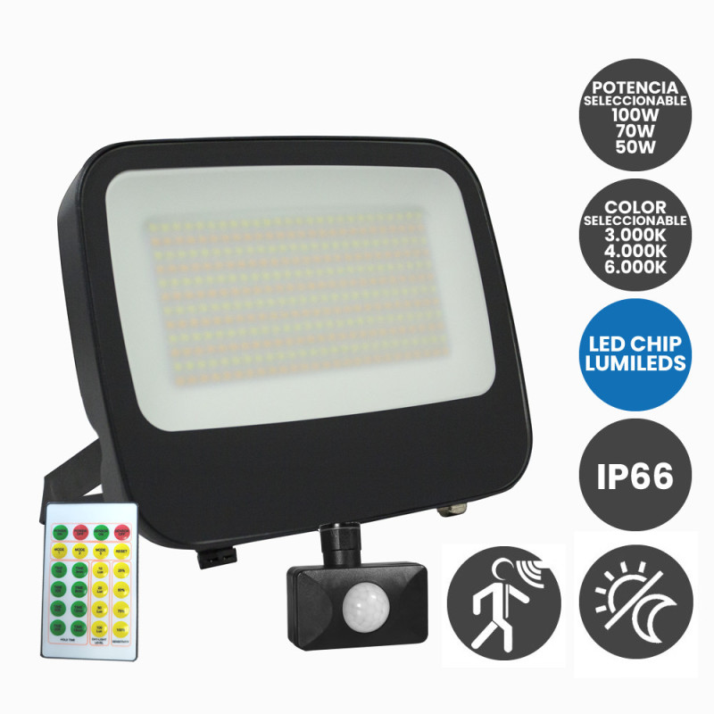 Foco Proyector 100W-70W-50W Con Sensor Crespuscular + Movimiento + Mando Potencia y Color seleccionable Chip Lumileds IP66