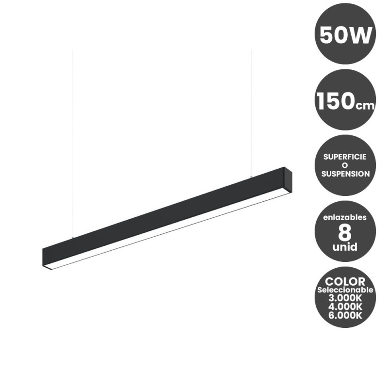 Lámpara lineal Colgante o Superficie LED 50W Interconexión lineal Color Seleccionable 150cm