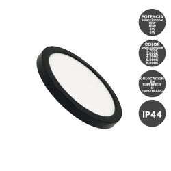 Plafón o Downlight LED Circular Negro Potencia y Color Seleccionable 5CCT 12W - 10W - 8W - 6W 140Lm/W IP44