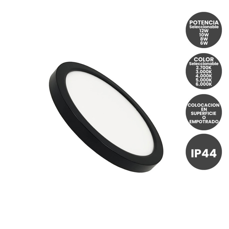 Plafón o Downlight LED Circular Negro Potencia y Color Seleccionable 5CCT 12W - 10W - 8W - 6W 140Lm/W IP44