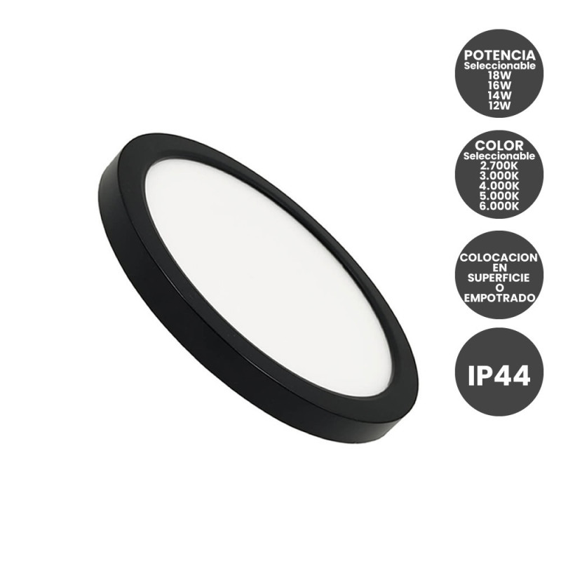 Plafón o Downlight LED Circular Negro Potencia y Color Seleccionable 5CCT 18W - 16W - 14W - 12W 140Lm/W IP44