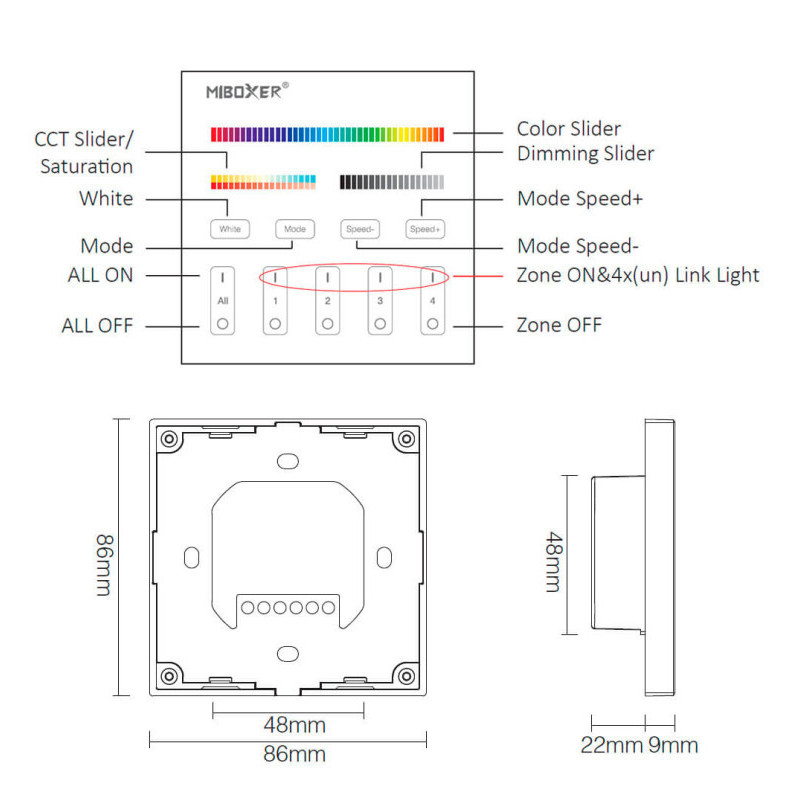 Panel de control táctil RF para pared LED RGB + CCT - 4 Zonas