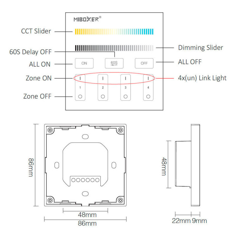 Panel control remoto de Pared - CCT - 4 Zonas (2.4GHz)
