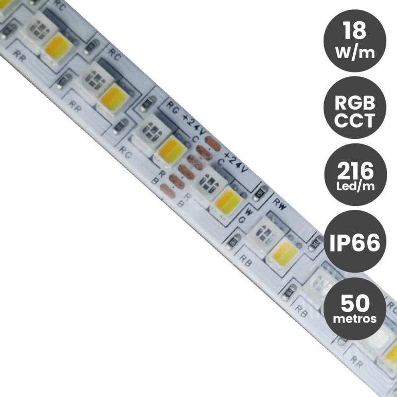 Tira LED RGB+CCT 18W/m 24V GAMA PRO -  216Led/m 10mm Rollo de 50 metros o Corte a Medida IP66