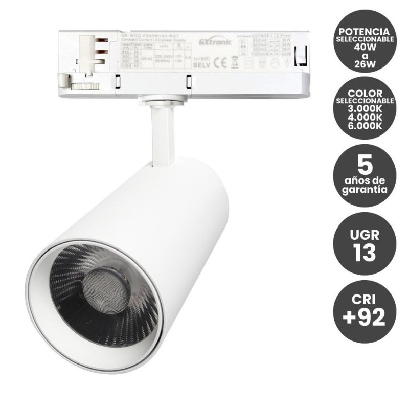 Foco LED Potencia Seleccionable 40W-26W y color seleccionable Blanco Carril Trifasico CRI+92 UGR13