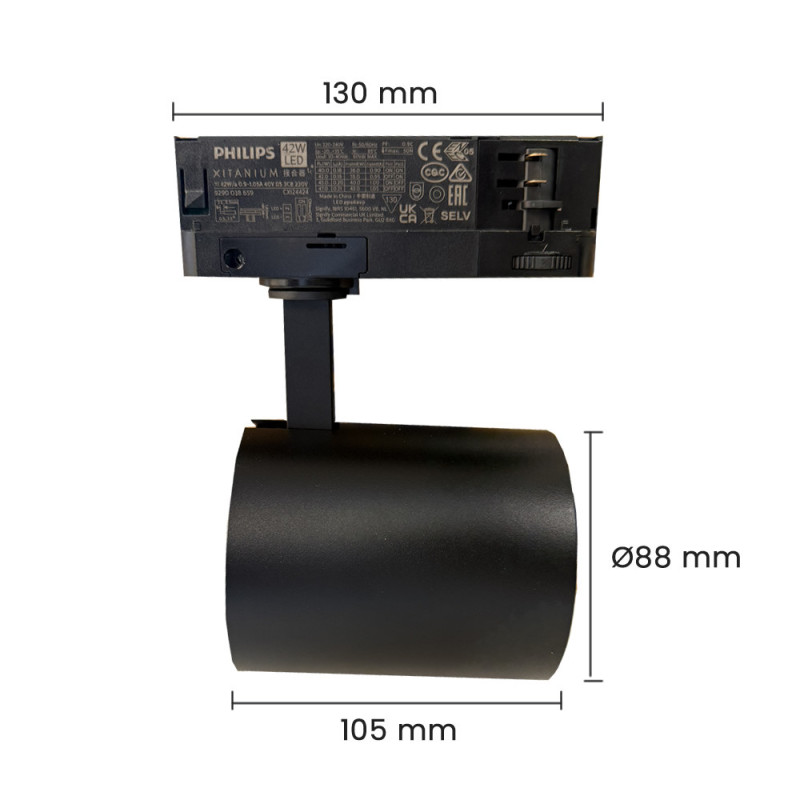 Foco LED Potencia Seleccionable 40W-38W-36W-34W y color seleccionable Negro Carril Trifasico CRI+92 UGR13 170Lm/W
