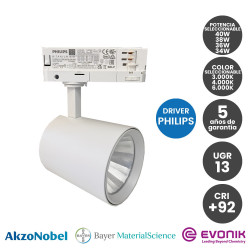 Foco LED Potencia Seleccionable 40W-38W-36W-34W y color seleccionable Blanco Carril Trifasico CRI+92 UGR13 170Lm/W