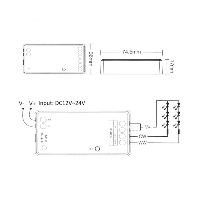 Controladora LED Dual Mini RF Monocolor + CCT 2.4GHz 12-24V
